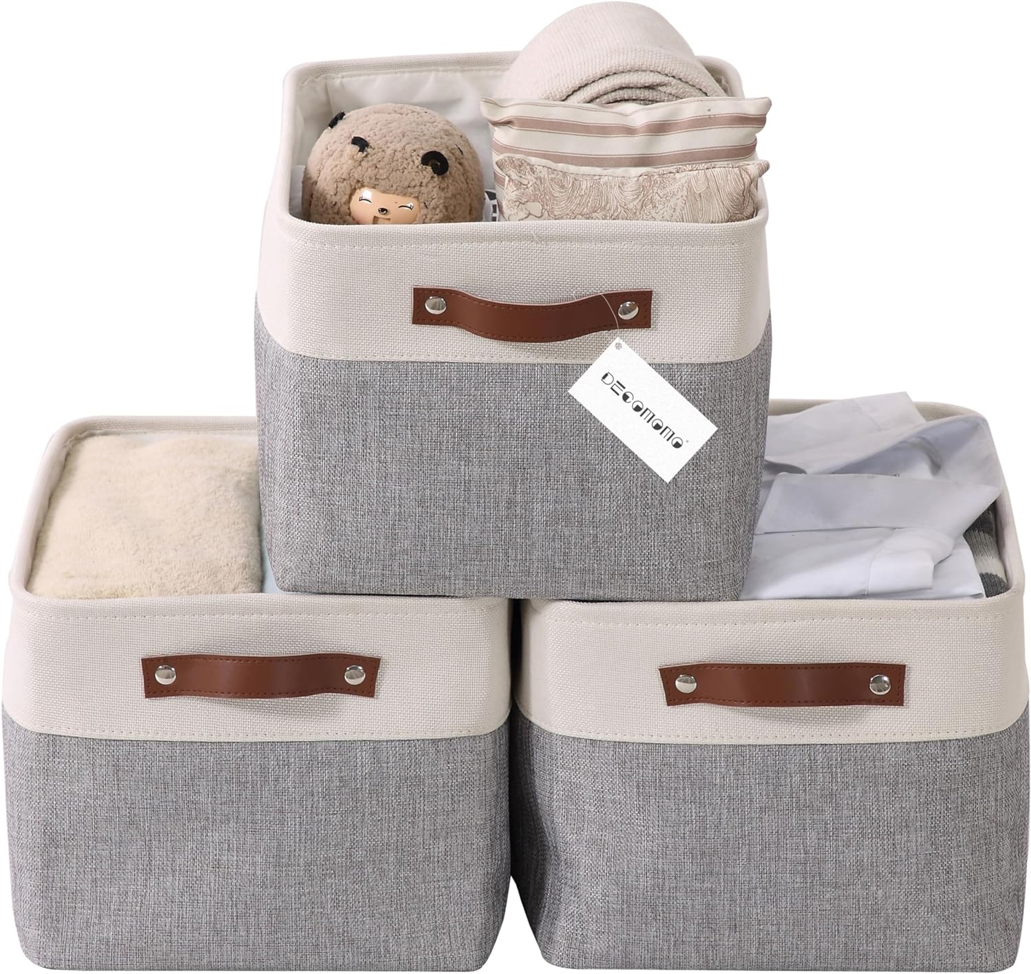  DECOMOMO Storage Bins | Fabric Storage Baskets for Shelves for Organizing Closet Shelf Nursery Toy | Decorative Large Linen Closet Organizer Bins with Handles (Grey and White, Large - 3 Pack) 