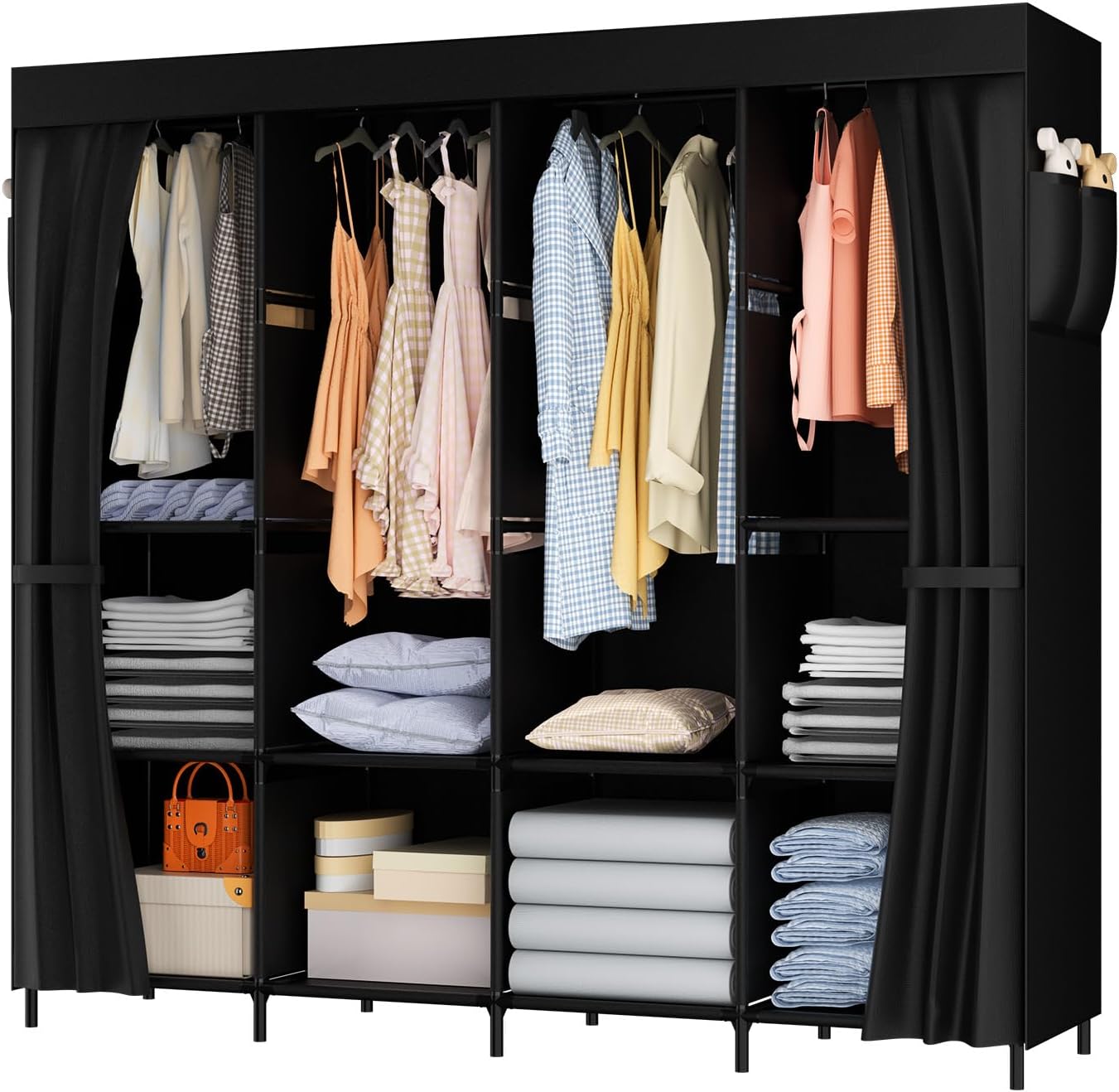  LOEFME Closet Wardrobe, Portable Closet with 6 Storage Shelves, 4 Hanging Sections and 4 Side Pockets, 63 x 15.7 x 70.8 Inch Portable Closets for Bedroom, 13Compartments, Black 