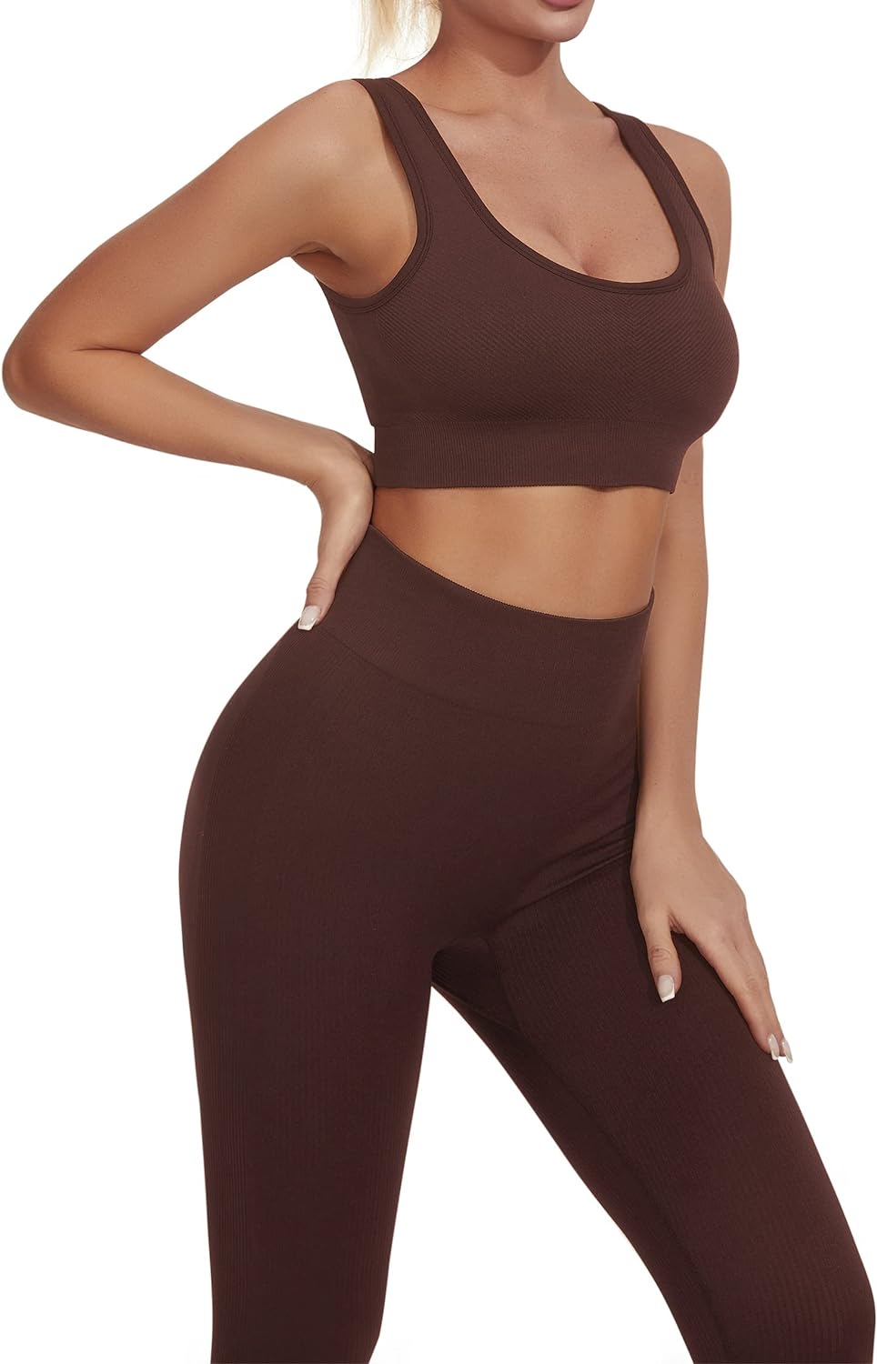 AFITNE Workout Sets for Women Two Piece Gym Work Out Yoga Outfits Seamless Leggings and Sports Bra Sets Brown Medium