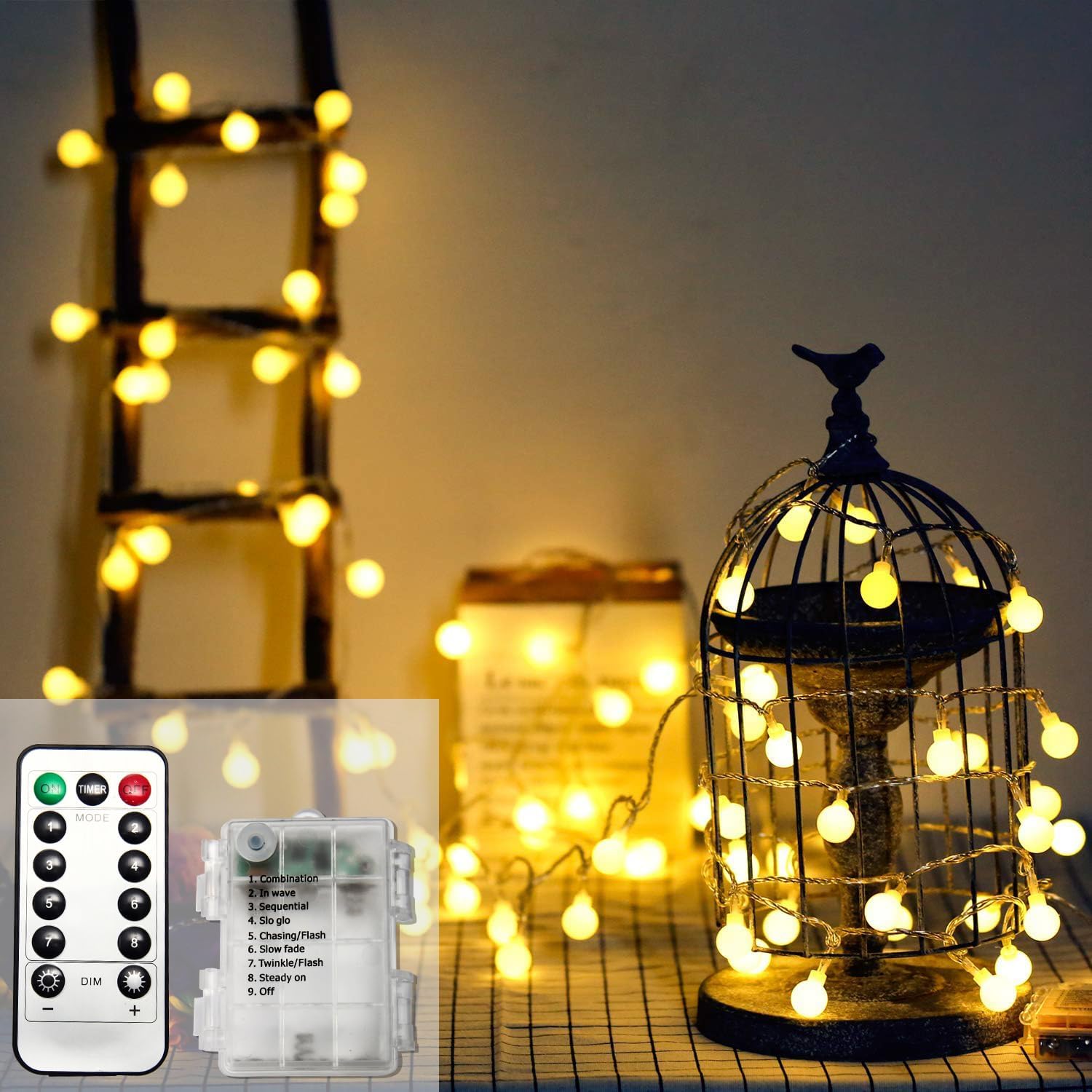 ZOUTOG Battery Outdoor String Lights, 49ft 120 LED Bulb Warm White Globe String Lights with Remote Controller, Decorative Timer Fairy Light for Christmas/Wedding/Party Indoor and Outdoor