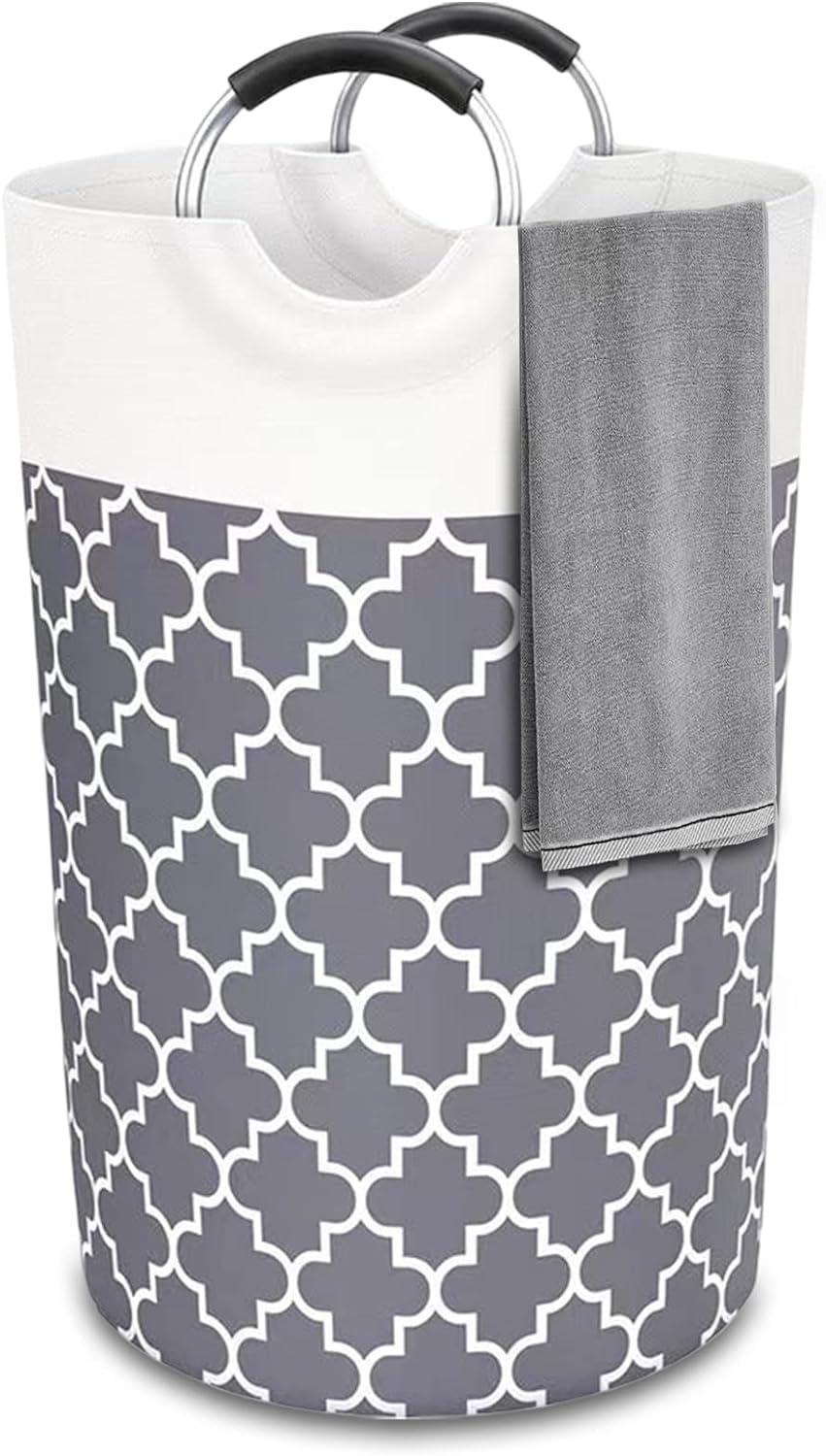  Silkglory Laundry Basket,82L Large Laundry Hamper Waterproof Collapsible with Aluminum Foam Handle Dirty Clothes Hamper Bathroom College Essentials Storage for College Dorm, Family - Grey 