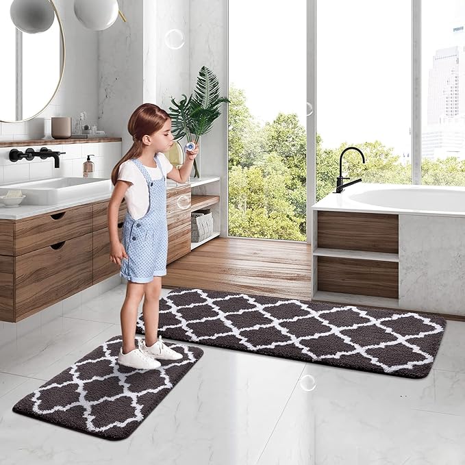 KMAT Kitchen Rugs and Mats [2 PCS] Super Absorbent Microfiber Kitchen Mat Non Slip Machine Washable Runner Carpets (Chocolate-17.3 x28 17.3x47)