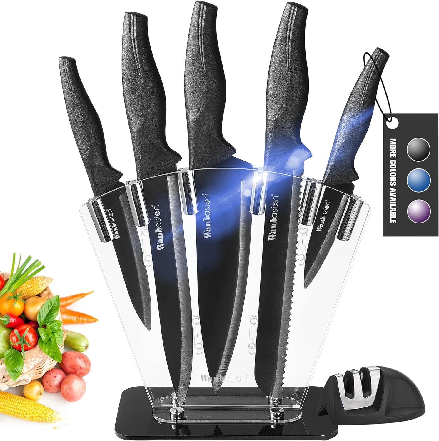 Wanbasion Black 7 piece Kitchen Knife Sets Dishwasher Safe, Knife Block Stainless Steel with Knives, Professional Knife Set for Kitchen with Sharpener