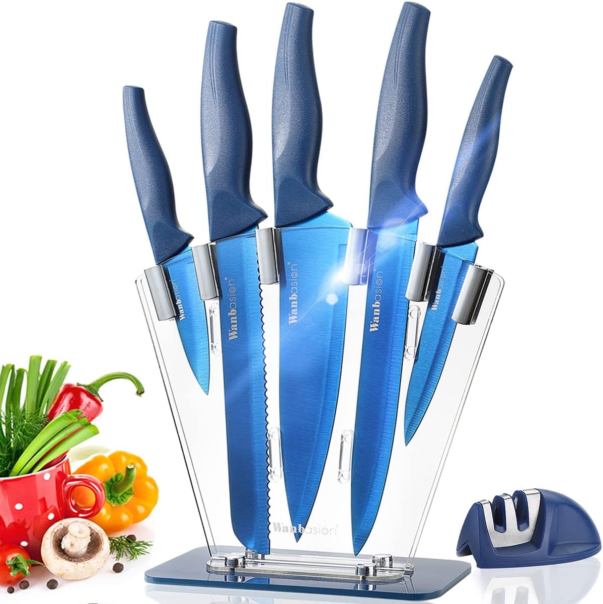 7 piece Kitchen Knife Sets Dishwasher Safe, Knife Block Stainless Steel with Knives, Professional Knife Set for Kitchen with Sharpener