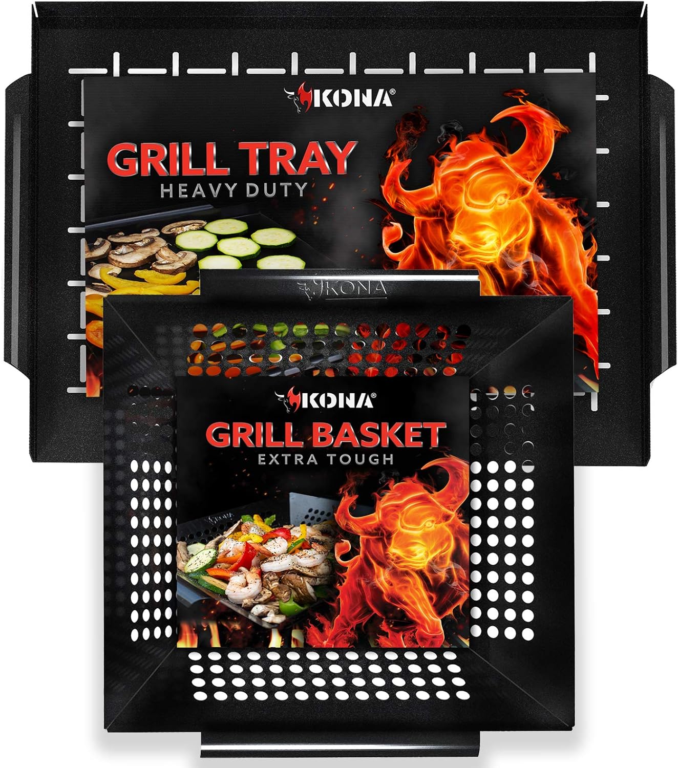 Kona Best Vegetable Basket and Tray Combo Bundle - Safe/Clean Enameled Grill Toppers