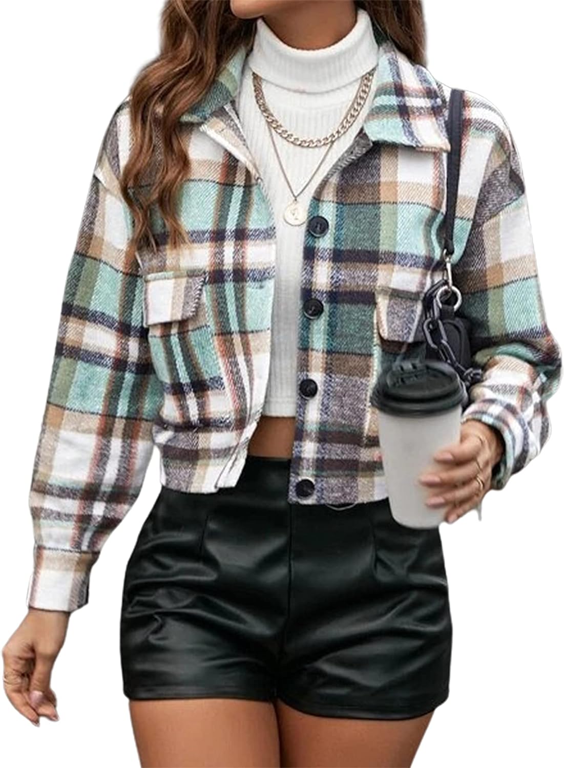 Yeokou Women' Fashion Cropped Flannel Wool Blend Plaid Shacket Long Sleeve Button Down Jackets Coat