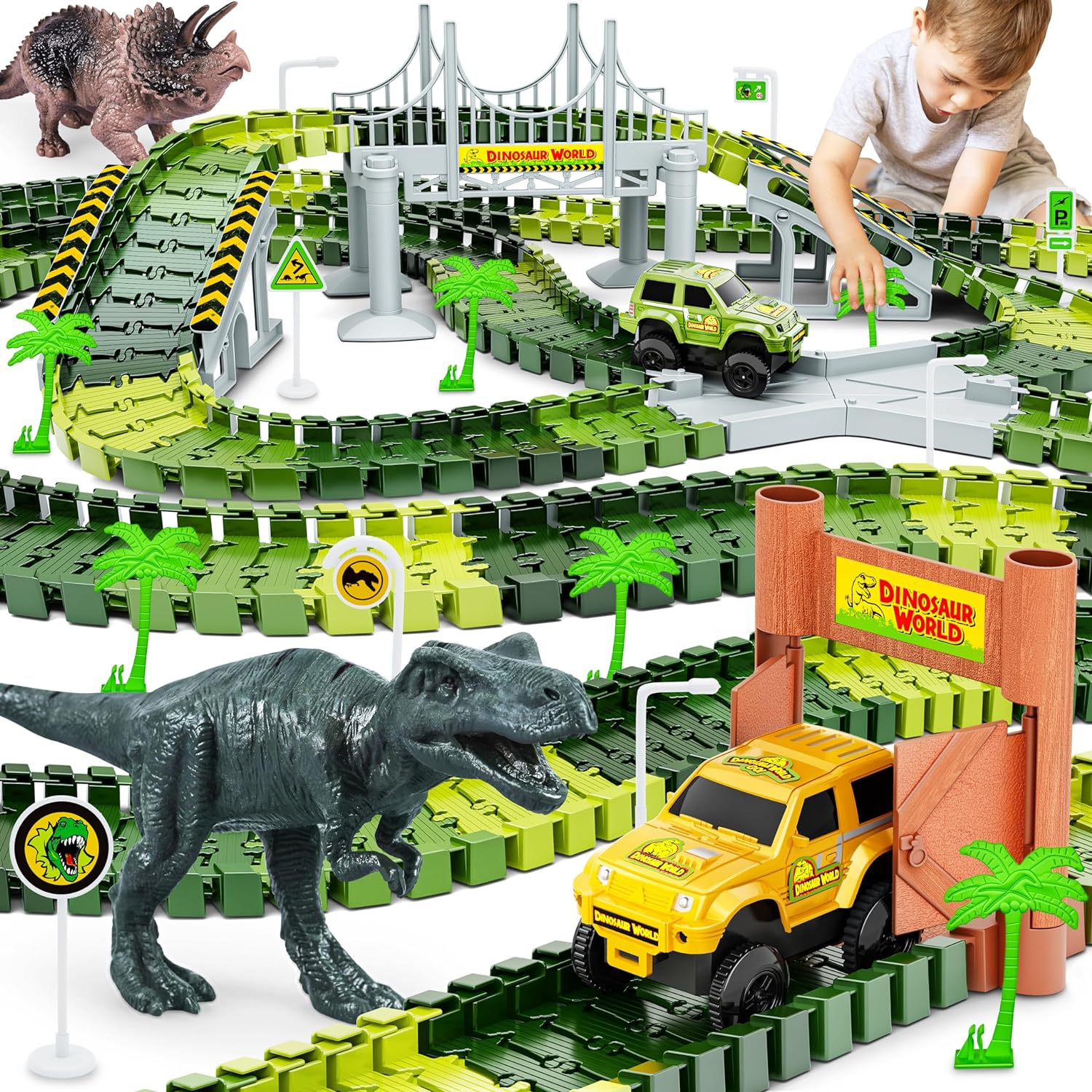 Rating: The Dinosaur Tracks Flexible Train Tracks Set is an exciting and imaginative toy that transports kids into a world of prehistoric adventure.Pros: 1. Endless Creativity: This set includes 185 pieces that kids can use to create their very own dinosaur world road race. The flexible tracks allow for endless layout possibilities, encouraging creativity and imaginative play. 2. Dinosaur Cars: The set comes with 2 cool dinosaur cars, adding an extra element of fun to the play. These cars c