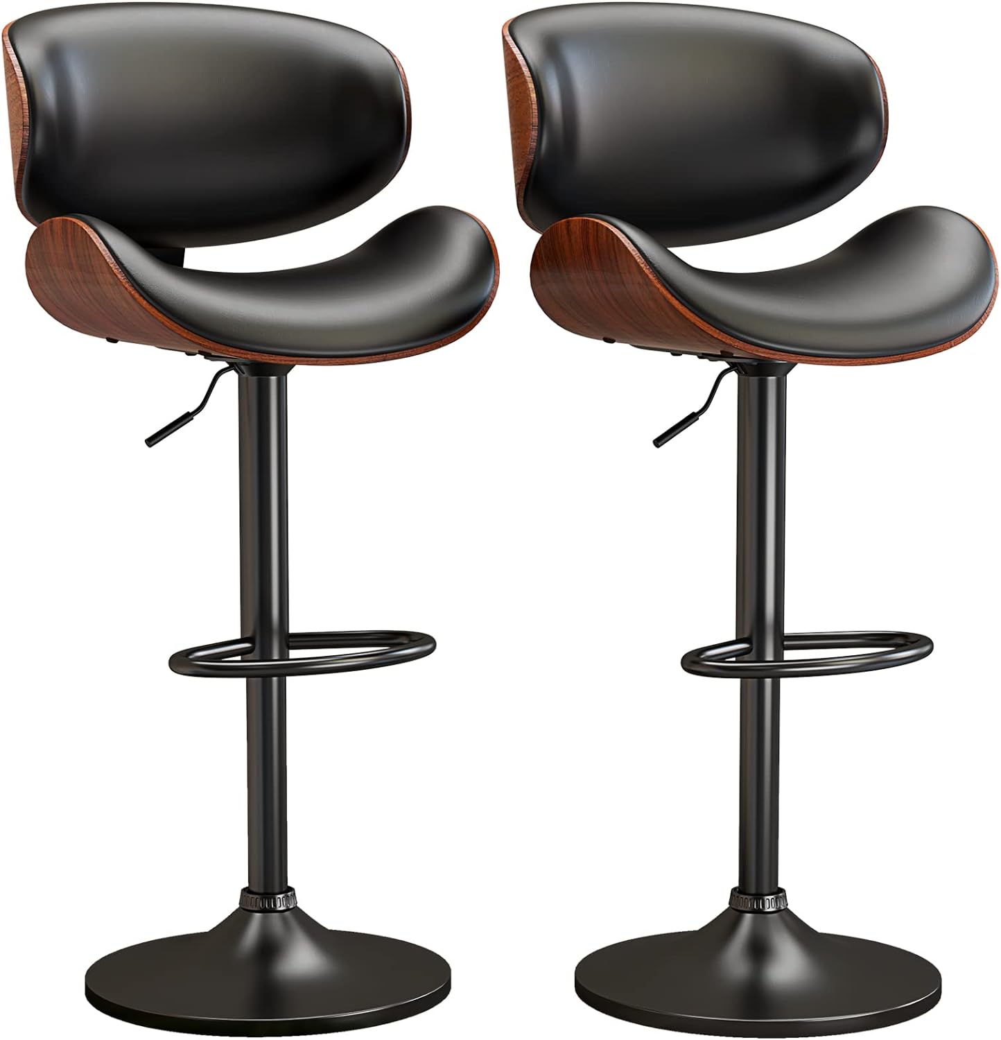  YaFiti Swivel Bar Stools Set of 2 for Kitchen Counter, Adjustable Bentwood Barstools, Modern PU Leather Upholstered Bar Chair with Back and Footrest, for Bar, Kitchen, Dining Room, Black 