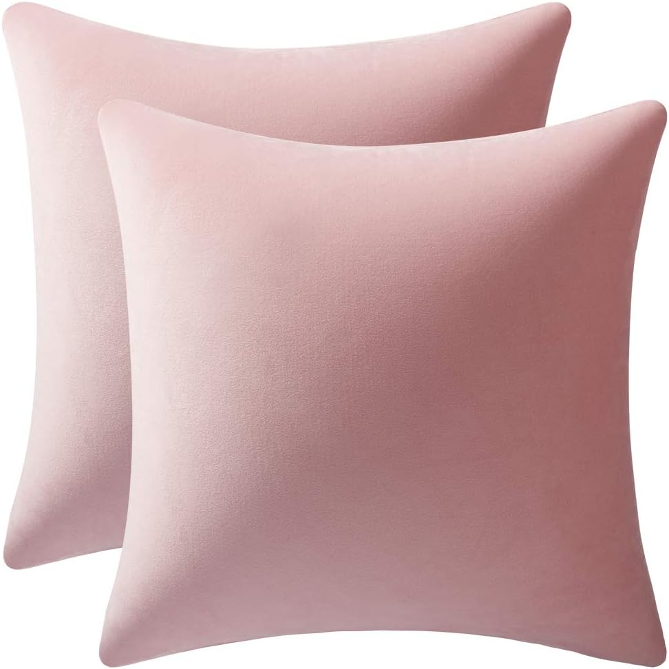  DEZENE 18x18 Throw Pillow Covers Pink: 2 Pack Cozy Soft Velvet Square Decorative Pillow Cases for Farmhouse Home Decor 