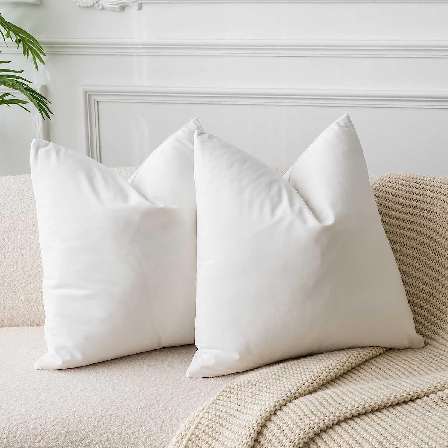  JUSPURBET Cream White Velvet Throw Pillow Covers 22x22 Set of 2,Decorative Soft Solid Cushion Cases for Couch Sofa Bed 