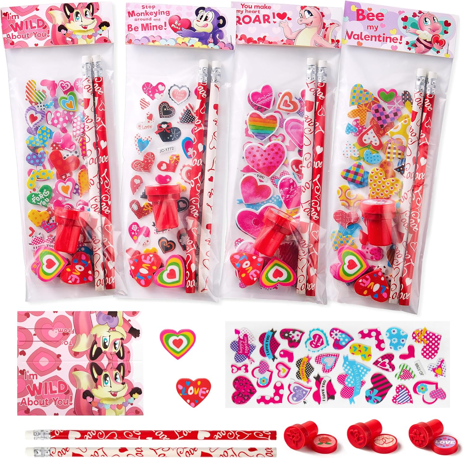  JOYIN 28 Pack Valentines Day Stationery Kids Gift Set for School Classmates Exchange Gift, Valentine Party Favor, Includes Pencils, Erasers, Stamper, Stickers 