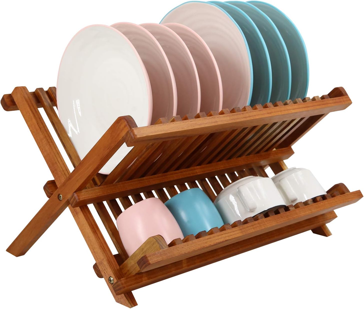 Utoplike Teak Dish Drainer Rack Collapsible 2 Tier Dish Rack Dish Drying Rack Foldable Plate Organizer Holder for Kitchen Compact