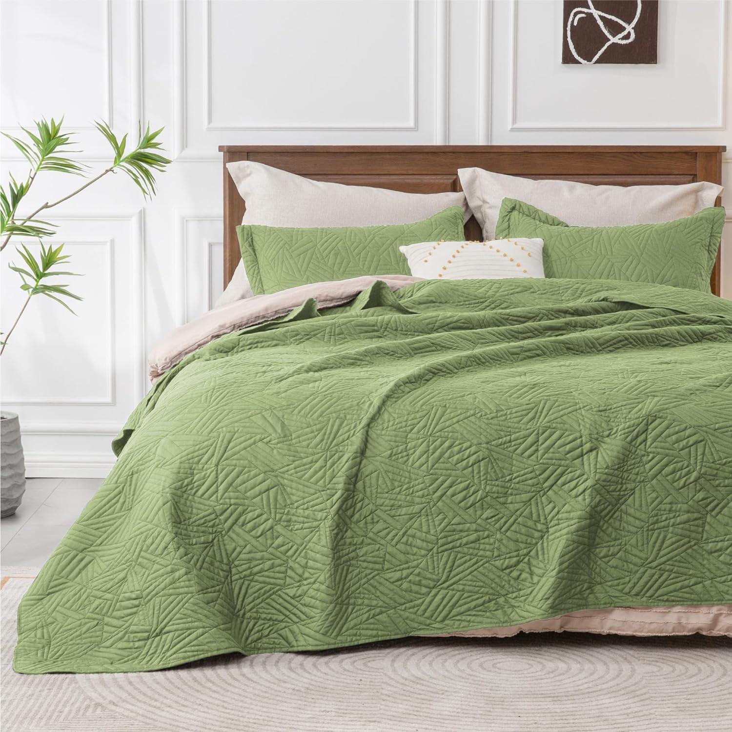 BEDELITE King Size Quilt Set - Lightweight King Bedspread - Soft Modern Leaf Pattern Sage Green Coverlet Bed Set - 3 Piece (1 Quilt 106" x 96"   2 Pillow Shams 20" x 36")