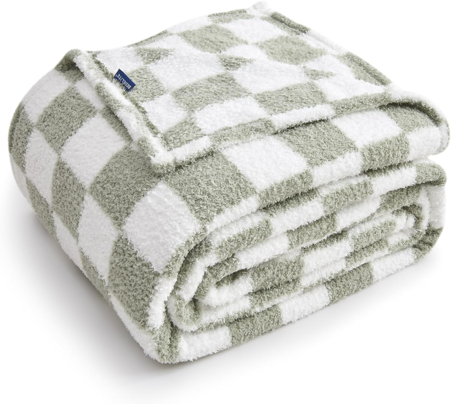 BEDELITE Checkered Blankets King Size - Ultra Soft Cozy Knit Fluffy Blanket, 350GSM Thick Warm Winter Large Blanket for Couch, Bed (Sage Green, 108 X 90)