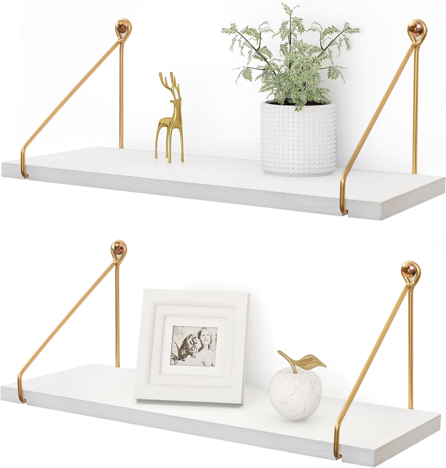 Afuly Floating Shelves for Wall, Metallic Gold White Wall Mounted Shelves, Wall Hanging Storage for Bathroom Kitchen Bedroom, Wood Metal Chic Wall Bookshelf, Set of 2