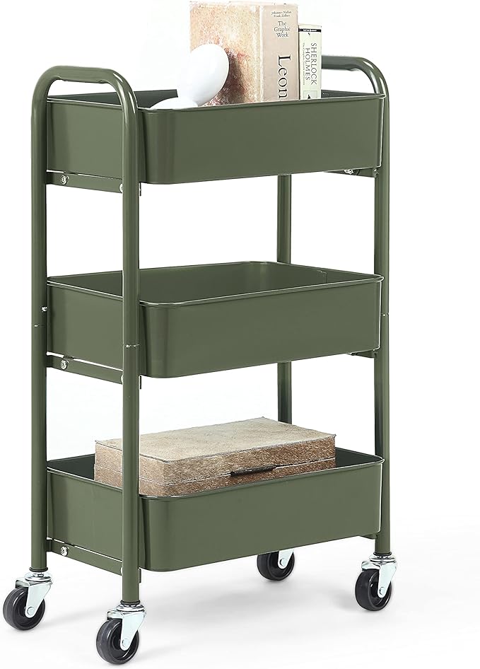 SunnyPoint 3-Tier Delicate Compact Rolling Metal Storage Organizer - Mobile Utility Cart Kitchen/Under Desk Cart with Caster Wheels (Army, Compact (15.5 X 26.8 X 10.27))