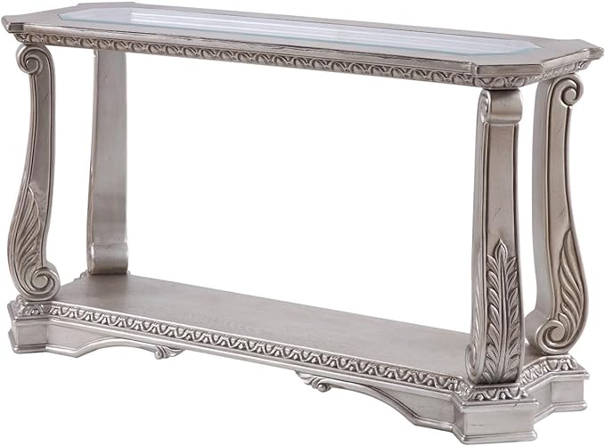 Acme Northville Rectangular Glass Top Wooden Sofa Table in Silver and Clear