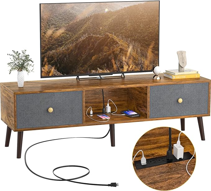 Unikito Rustic TV Stand for 65 inch TV, TV Console Table with Drawer Storage, Mid Century TV Stand, TV Cabinet, Wood TV Stand, Table for TV, TV Entertainment Center for Living Room Bedroom Media Room