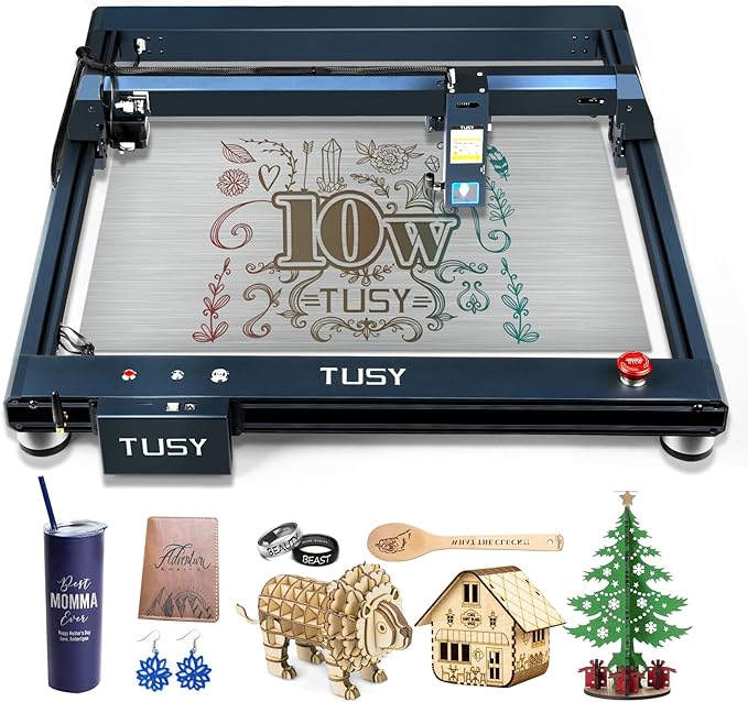 TUSY B1 Laser Engraver 10W Output Power, 60W Laser Cutting and Engraving Machine, 0.06mm Compression Spot & 10000 mm/min Engraving Speed with Eye Protection, for Wood, Metal, Leather, Acrylic, Glass