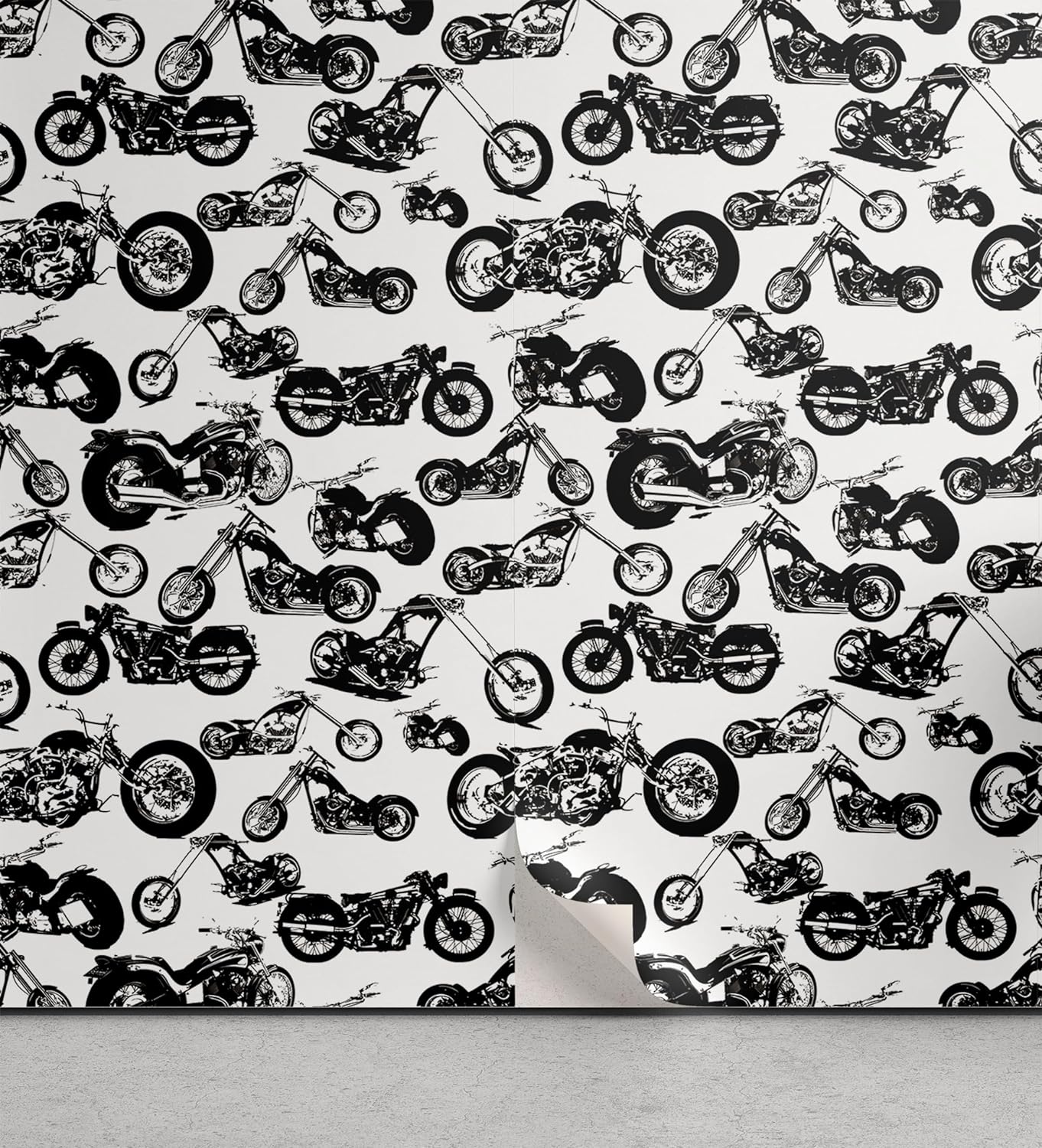 Ambesonne Motorcycle Peel & Stick Wallpaper for Home, Retro Chopper Pattern Monochrome Motorbike Design Adventure Cruising Theme, Self-Adhesive Living Room Kitchen Accent, 13 x 72, Charcoal Black