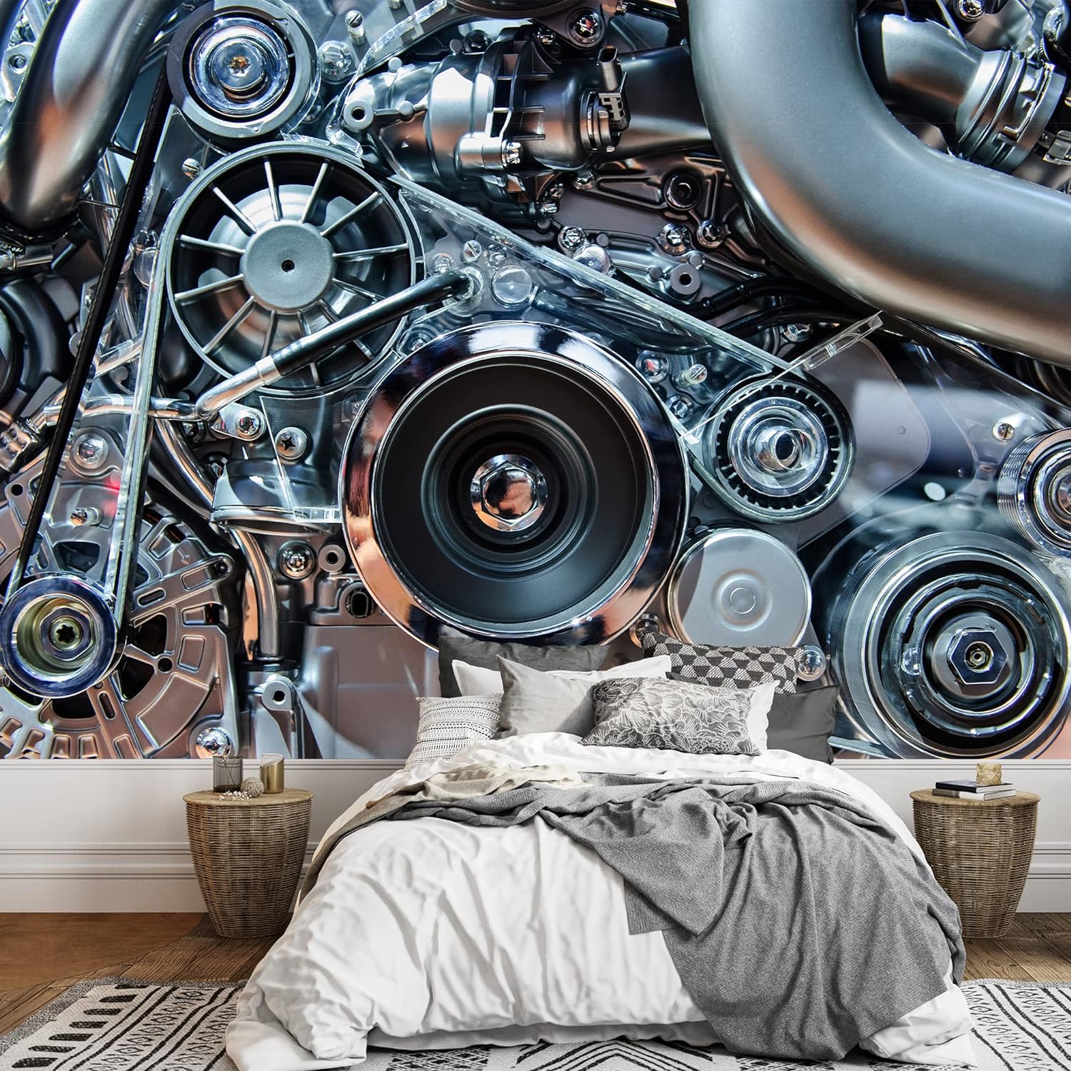 wall26 - Car Engine, Concept of Modern Automobile Motor with Metal, Chrome, Plastic Parts - Removable Wall Mural | Self-Adhesive Large Wallpaper - 66x96 inches 