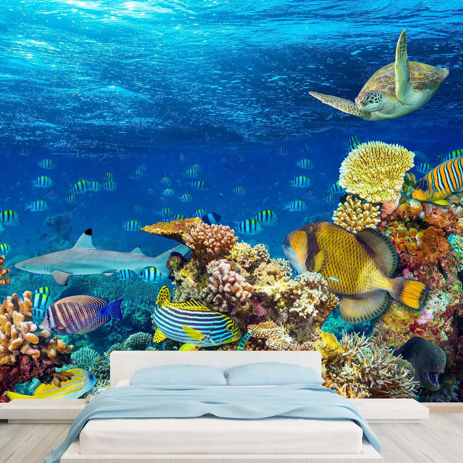 wall26 Removable Wall Sticker/Wall Mural Vibrant Ocean Water Turtle Fish Coral Reef Sea Nature Wilderness Photography Realism Nautical Landscape Decorative for Living Room, Bedroom, Office - 66x96 