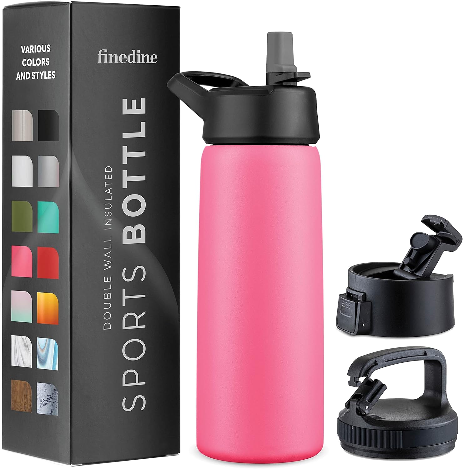 FineDine Triple Walled, Insulated Water Bottles with Straw - 25 Oz Stainless Steel Metal Bottle W/ 3 Leak Proof Lids - For Travel, School, Sports, Gym/Men, Women & Kids - Striking French Rose