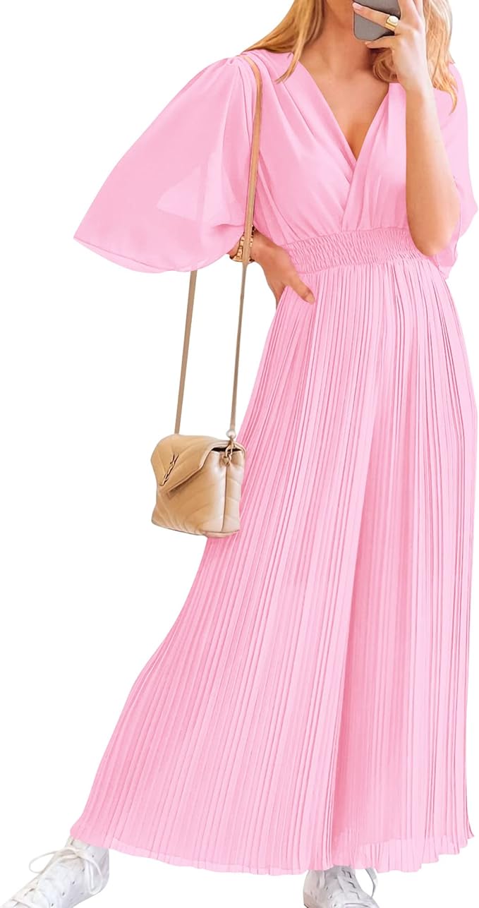 BTFBM Women Chiffon Wrap V Neck Summer Jumpsuit Spring Mesh Half Sleeve Elastic Waist Pleated Wide Leg Long Pants Romper