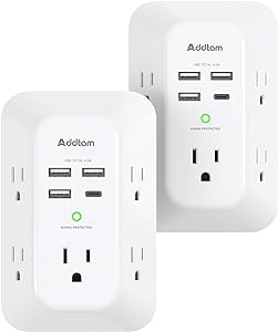 2 Pack 5-Outlet Surge Protector with 4 USB Charging Ports, 1800J Power Strip for Home, Office, Travel