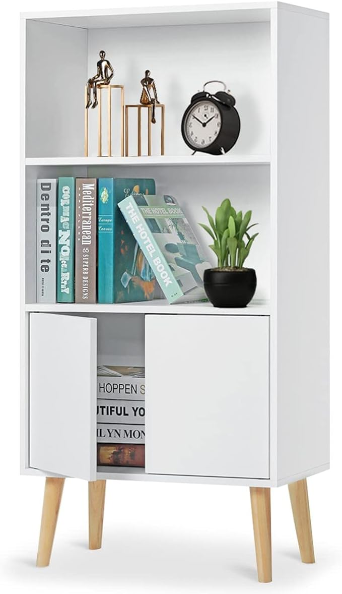 HOMMPA Bookshelf Cube Storage Organizer 3 Tier White Bookcase with Doors Modern Open Shelf Bookshelves with Wood Legs Free Standing Cube Bookshelves for Living Room Office and Bedroom White