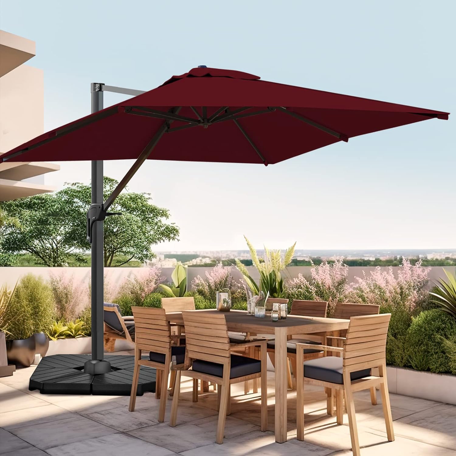 wikiwiki 10x10FT Cantilever Patio Umbrella Outdoor Offset Square Umbrella w/ 36 Month Fade Resistance Recycled Fabric, 6-Level 360Rotation Aluminum Pole for Deck Pool, Wine Red