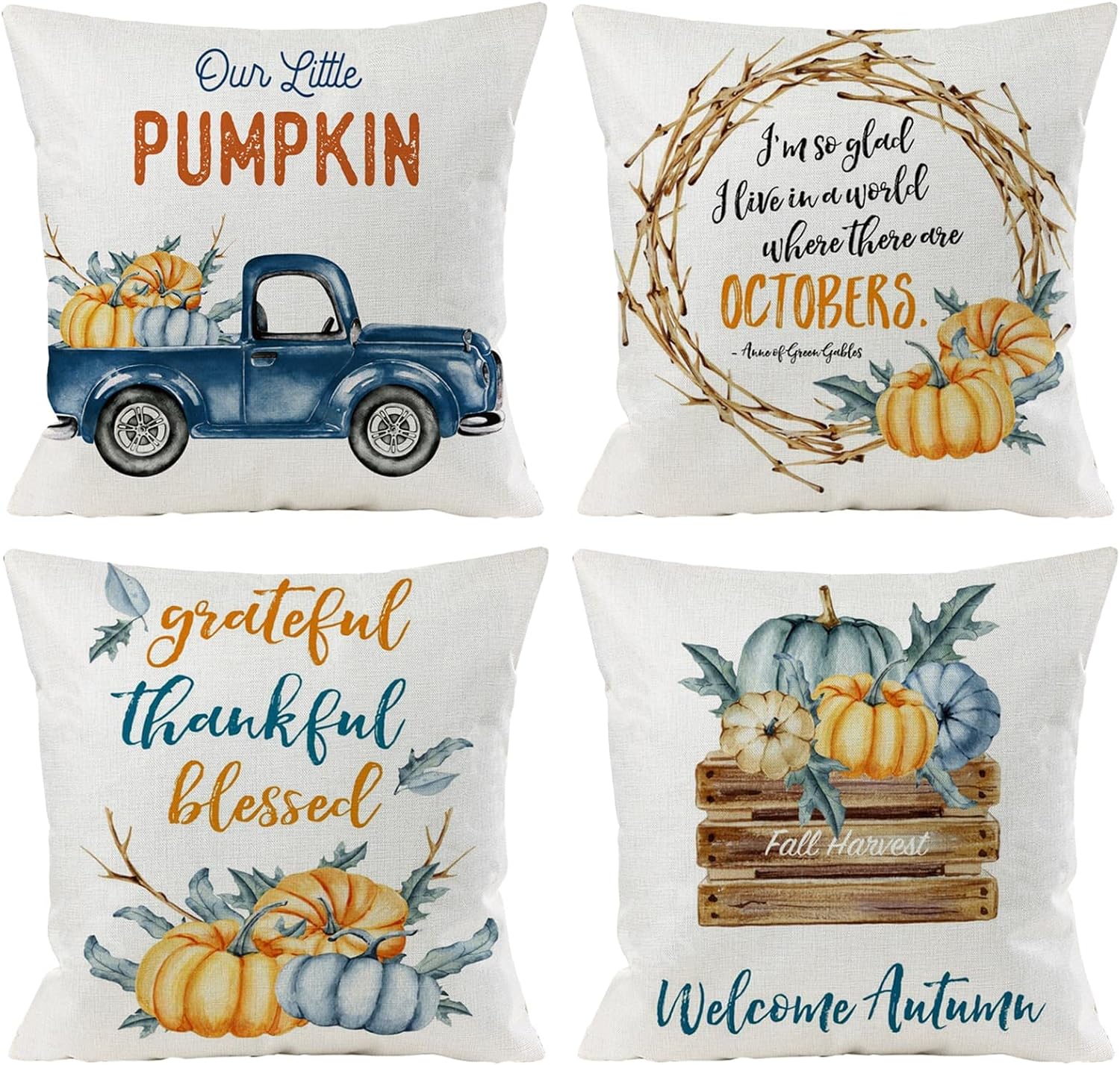 EZVING Fall Pillow Covers 18x18 Inch Set of 4 Outdoor Decorations Throw Pillowcase Autumn Farmhouse White Pumpkin Linen Cushion Case for Thanksgiving Day, Sofa and Home Decor