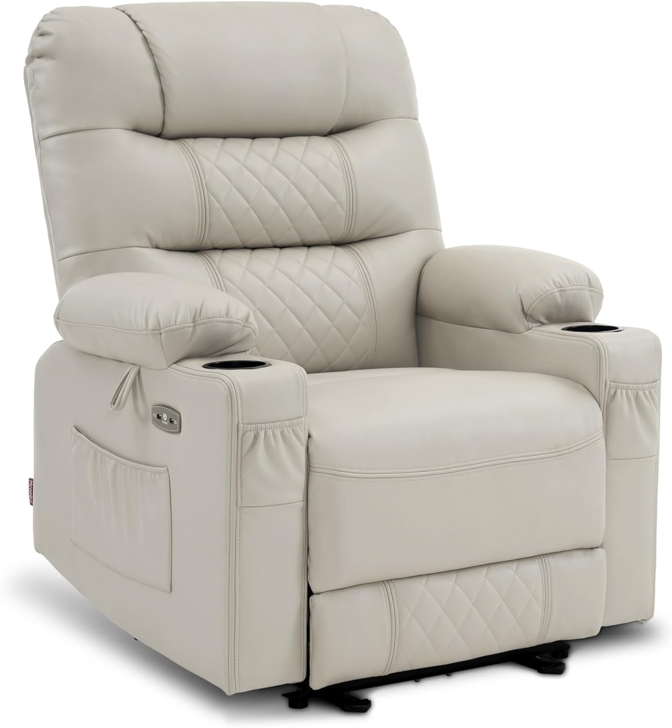 MCombo Power Recliner Chair with Heat and Massage, Cup Holder, USB Port, Extended Footrest, Faux Leather, Electric Reclining Sofa for Living Room 621 (Light Grey) (No Lift)