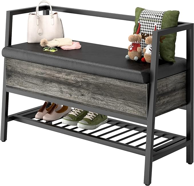 Homieasy Storage Shoe Bench with Padded Seat, Entryway Bench with Lift Top Storage Box, Industrial Shoe Rack Bench PU Leather Cushion Holds Up to 250 LB for Entryway Bedroom Hallway, Black Oak