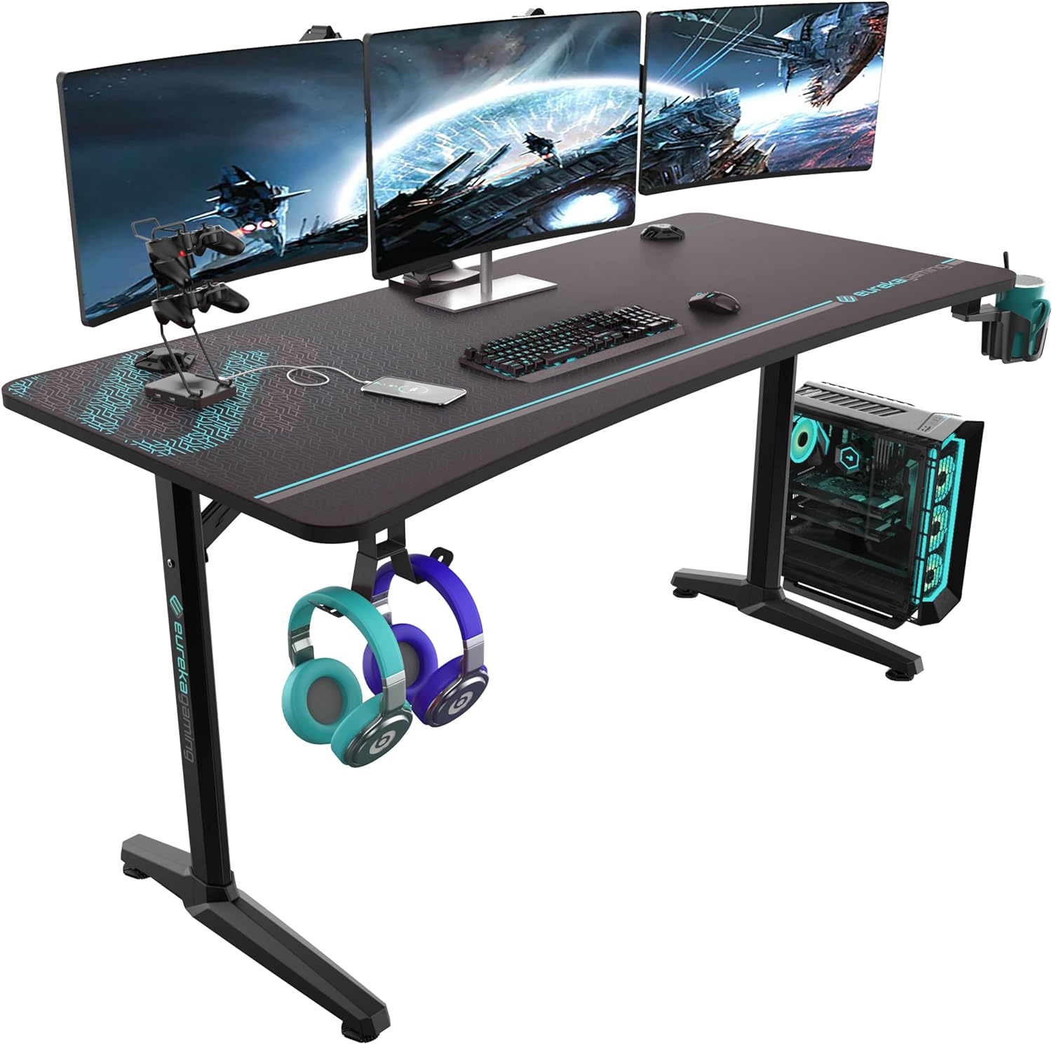 EUREKA ERGONOMIC 60 Inch Gaming Desk with Full Mouse Pad, Large Home Office Curved Computer Desk for 3 Monitors with Cup Holder, Headphone Hook and Handle Rack with USB Charging Ports for Gamer, Black