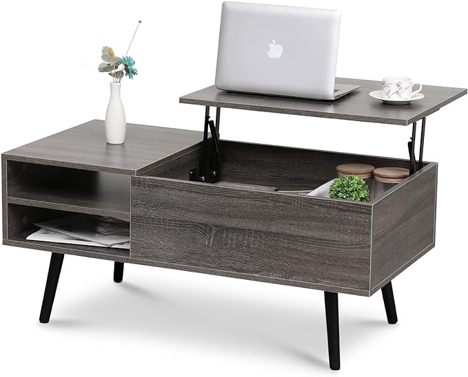 Lift Top Coffee Table with Hidden Storage, Coffee Tables for Living Room with 2 Tier Open Storage Shelves, Small Coffee Table for Home, Living Room, Office, Grey
