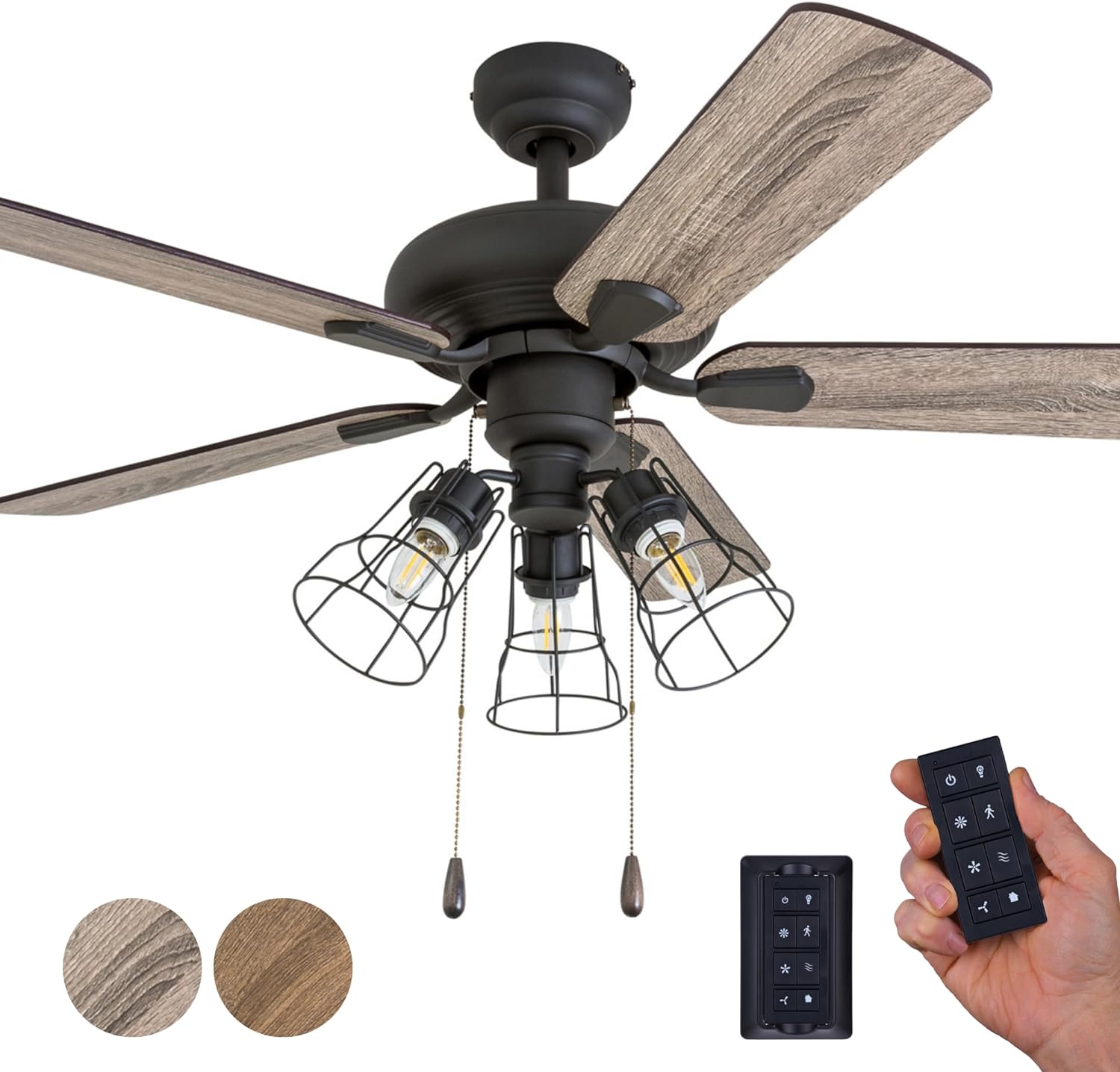 Prominence Home Madison County, 42 Inch Industrial Style LED Ceiling Fan with Light, Remote Control, Three Mounting Options, Modern Dual Finish Blades, Reversible Motor - 50752-01 (Bronze)