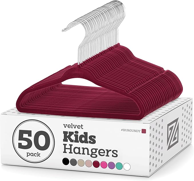 Zober Velvet Kids Hangers for Closet - Pack of 50 Non Slip Childrens Hangers for Shirts, Pants & Dresses w/Swivel Hook - Durable Kids Clothes Hanger w/Notches - Small Hangers - Burgundy