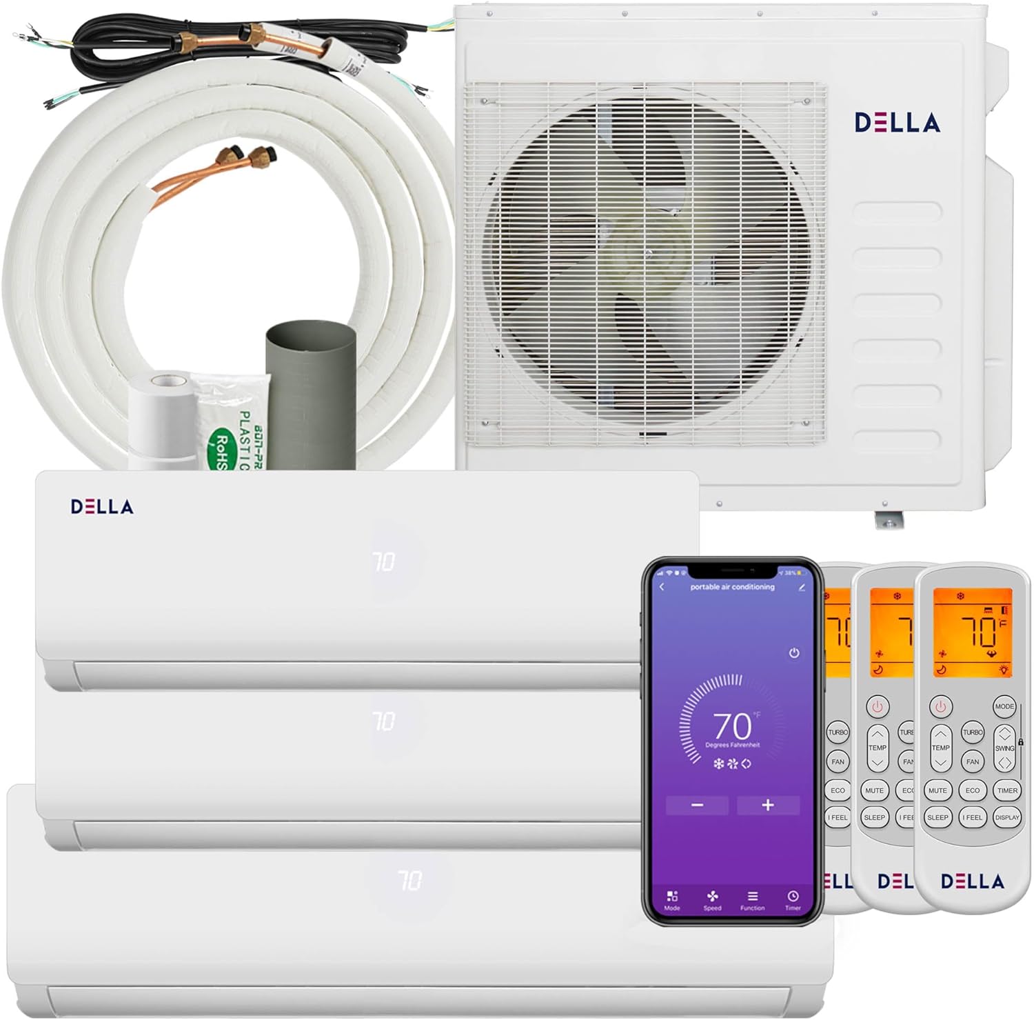 Della 36K BTU ODU Tri 3 Zone 9K 12K 18K BTU 19 SEER2 208-230V Cools Up to 1950 Sq.Ft, Works with Alexa, Wifi Energy Efficient Multi Zone Mini Split Air Conditioner Pre-Charged Heat Pump Full Set