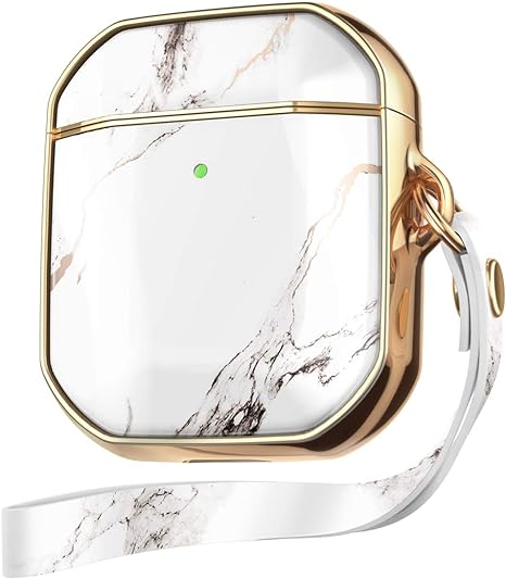 GVIEWIN AirPods Case Cover with Wrist Lanyard, Full-Body Protective Stylish Marble Design Smooth EarPods Case for AirPods 2nd & 1st Charging Case [Front LED Visible] (White/Gold)