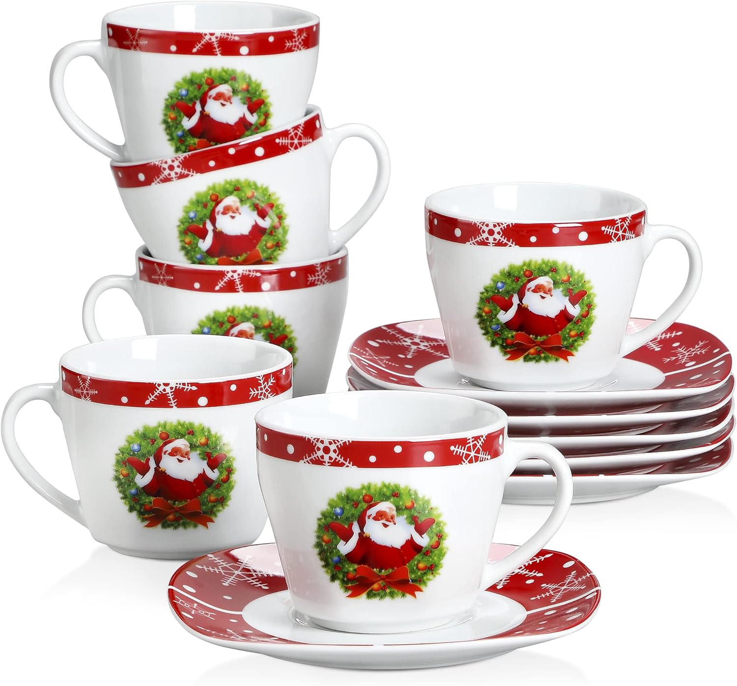 VEWEET 6 Piece Christmas Cups and Saucers Set, 7.7 OZ Porcelain Tea Cup Espresso Cups Set, Service for 6, Santa Claus Series