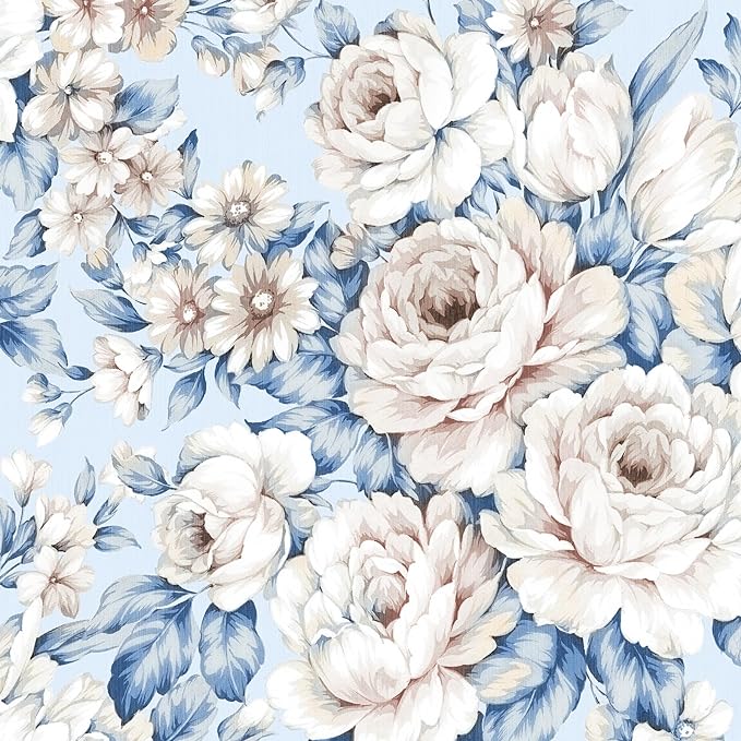 FunStick Blue Floral Peel and Stick Wallpaper Vintage Peony Floral Wallpaper Self Adhesive Floral Contact Paper Removable Blue White Flower Wallpaper for Bedroom Nursery Wall Decor Cabinets 17.5x118