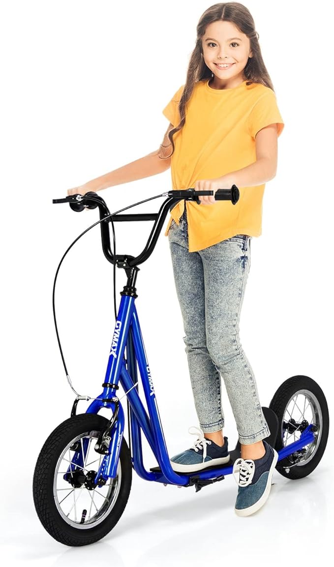 GYMAX Scooter, Kids Scooter with Front and Rear Caliper Brakes, 12 Inflatable Wheels & Axle Pegs, Height Adjustable All Terrain Off-Road Scooter, Pre-Assembled Scooter for 8  Youth Adults