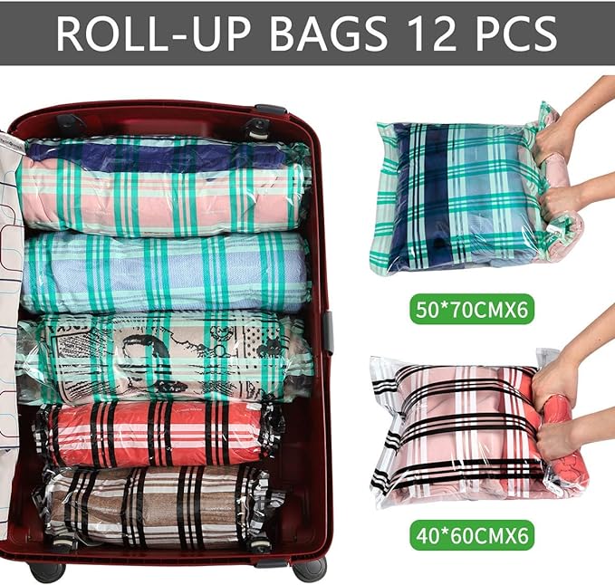 12 Compression Bags for Travel Vacuum Packing, Travel Space Saver Bags for Clothes, Travel Essentials Accessories (12-Travel)
