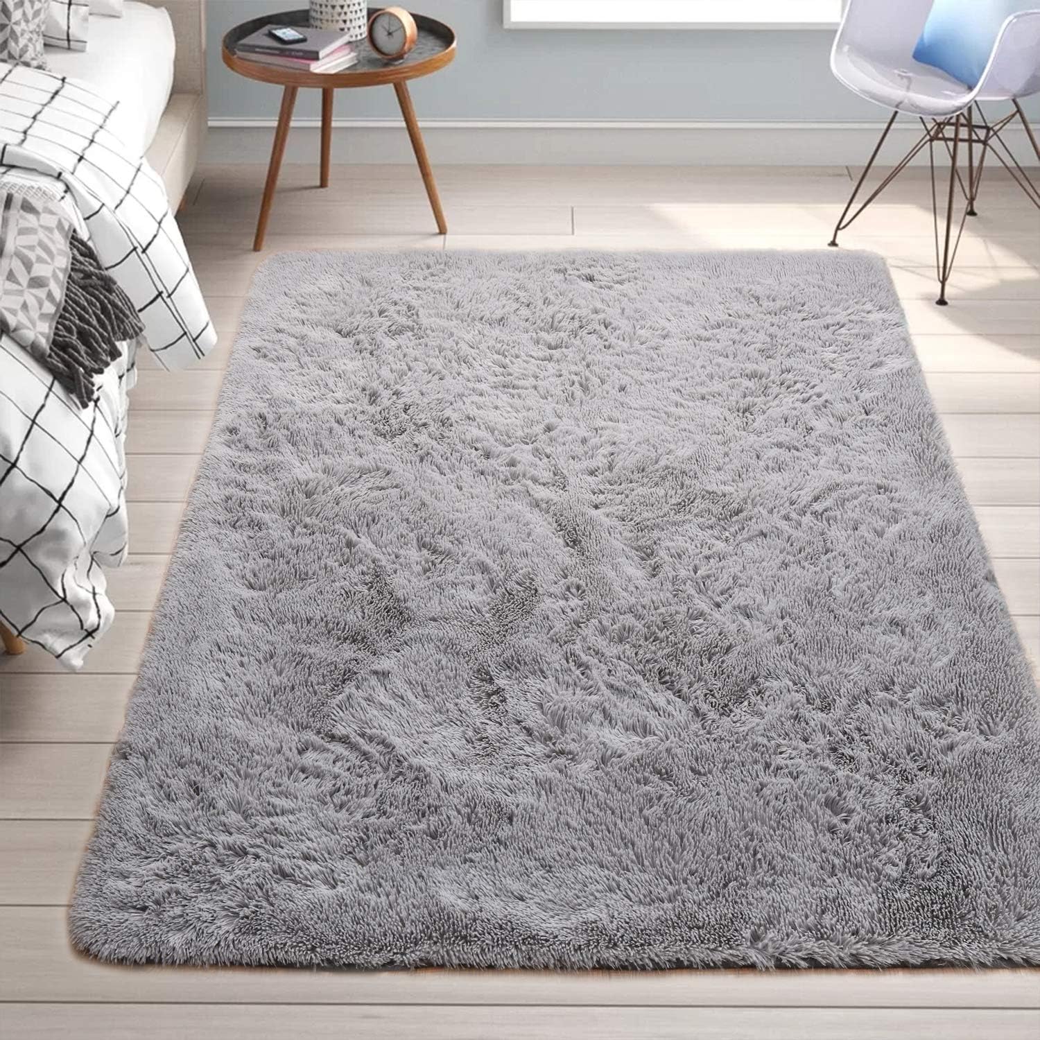 Merelax Modern Soft Fluffy Large Shaggy Rug for Bedroom Livingroom Dorm Kids Room Indoor Home Decorative, Non-Slip Plush Furry Fur Area Rugs Comfy Nursery Accent Floor Carpet 4'x6' Grey