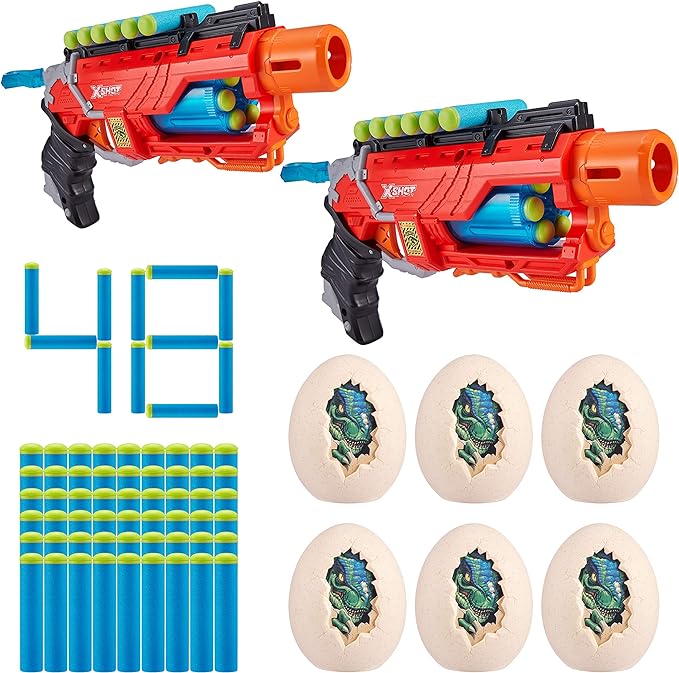 X-Shot Dino Attack Dino Striker Double Blaster Value Pack (6 Egg Shooting Targets, 48 Foam Darts) by ZURU Frustration Free Packaging, 2 XShot Foam Dart Blasters for Kids and Teens