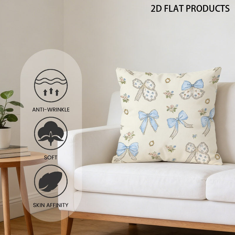 Pillow cover with blue bow and floral pattern, product mockup 1
