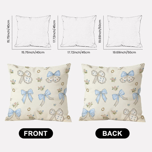 Pillow cover with blue bow and floral pattern, product mockup 2