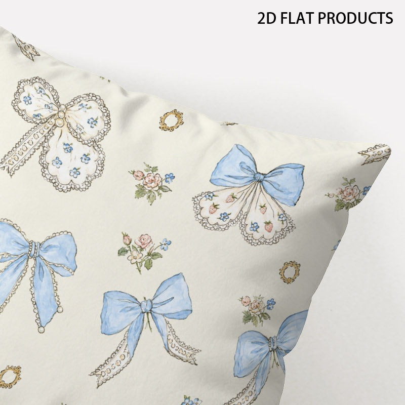 Pillow cover with blue bow and floral pattern, product mockup 3