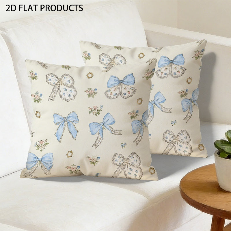 Pillow cover with blue bow and floral pattern, product mockup 4
